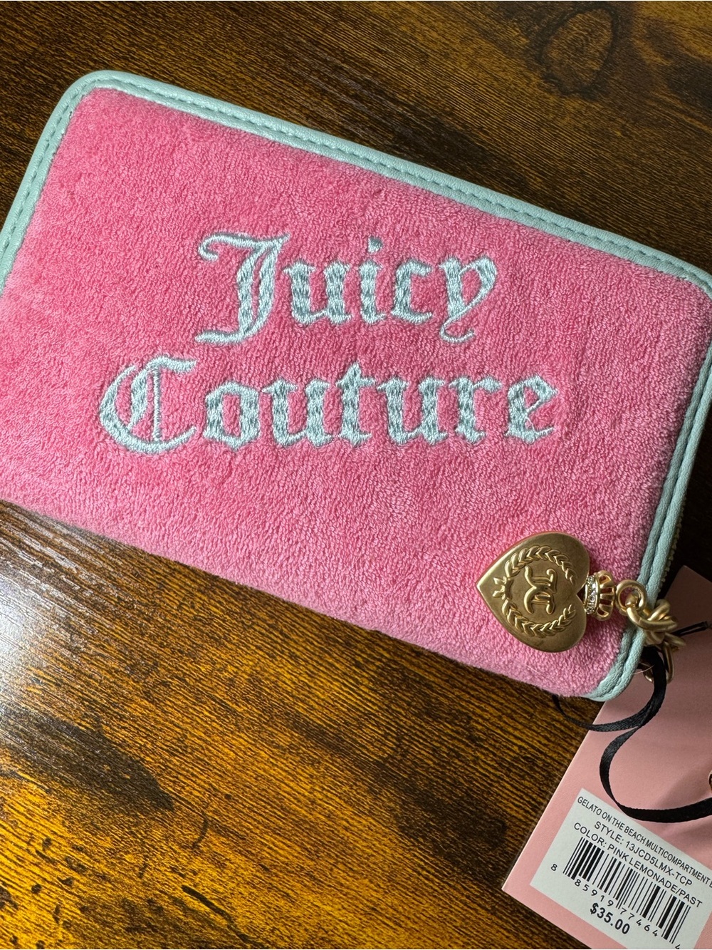 Juicy Couture Pink Terry Zip Card Holder with Gold Heart Charm